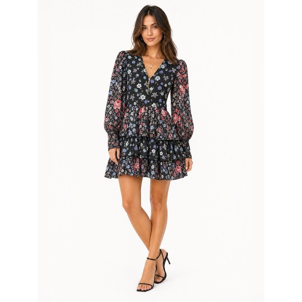 LoveShackFancy Paris Black Floral Ruffle Tiered Long Puff Sleeve Mini Dress